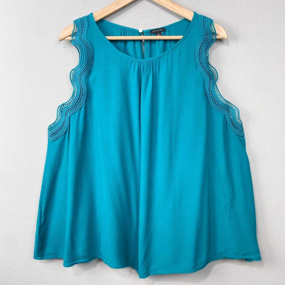 Ann Taylor Teal Blue Sleeveless Top Size XL Crochet Trim Blouse Jewel Tone Boho‎